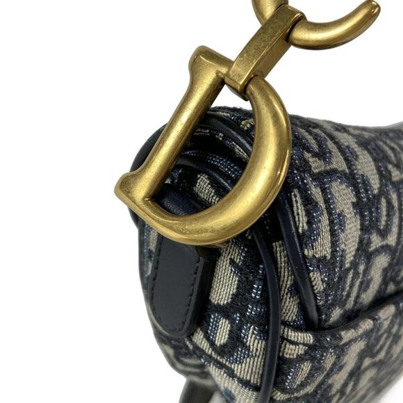 Auth DIOR/ChristianDior Saddle Bag Navy Cream Blue Jacquard Leather Handbag - Picture 10 of 16